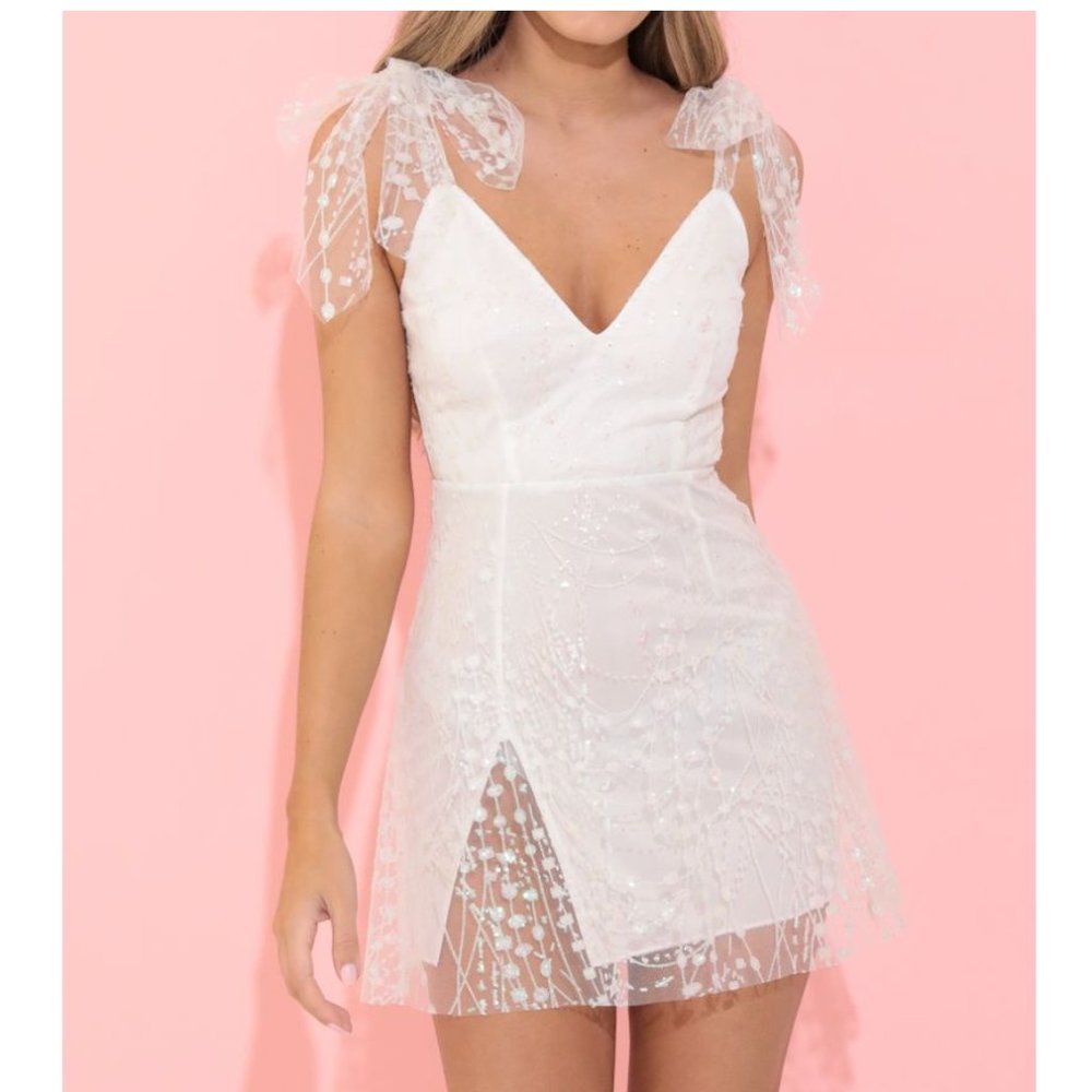 Tia A-line Mini Bow Dress in White Sequin Bride Bachelorette
